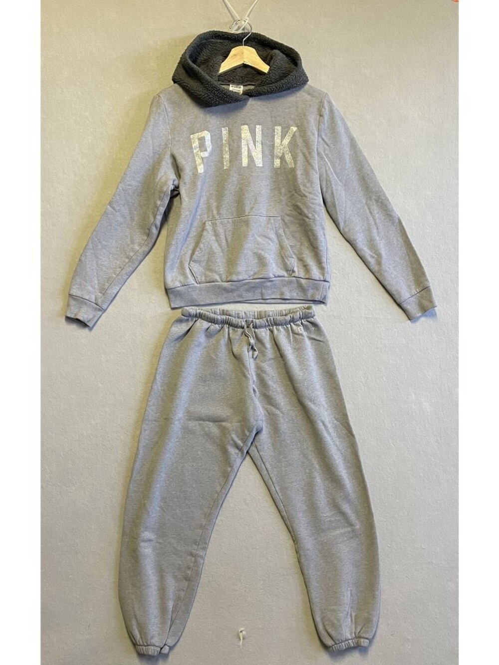 Victorias Secret PINK Sherpa Hoodie Pullover & Classic Jogger Pant Set Gray S